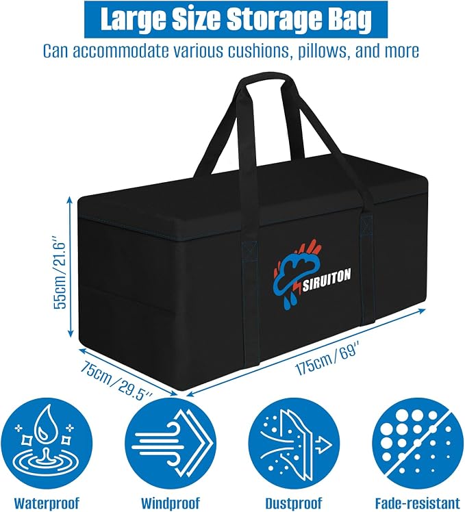 SIRUITON Cushion Storage Bag 600D Oxford,Waterproof,2P-69 Lx29.5 Wx21.6 H | Heavy duty, rip proof, with handle & zipper, for patio & garden cushions, UV-resistant, all-weather protection