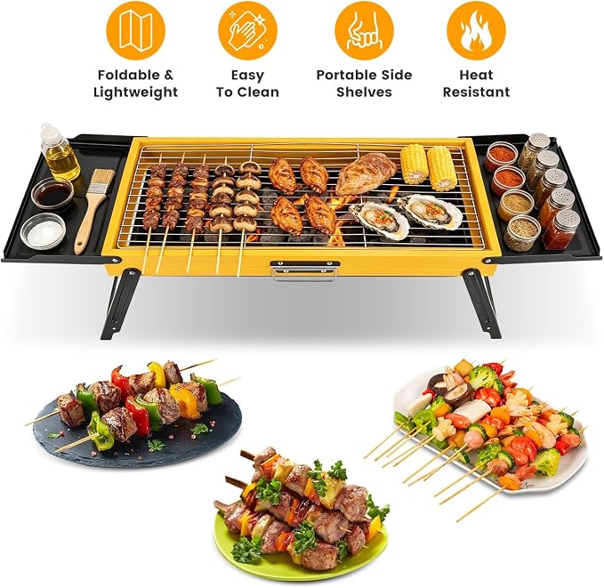 Portable Charcoal Grill Stainless Steel, Small Foldable BBQ Suitcase with Portable Side Shelves & Heat Resistant, Lightweight Tabletop Barbecue for Camping Picnic Backyard Beach Travel