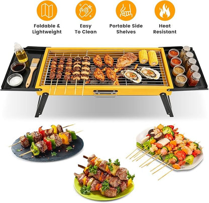 Portable Charcoal Grill Stainless Steel, Small Foldable BBQ Suitcase with Portable Side Shelves & Heat Resistant, Lightweight Tabletop Barbecue for Camping Picnic Backyard Beach Travel