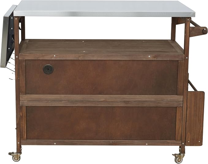 Christopher Knight Home Edsel Outdoor Bar Cart with Stainless Steel Top and Lockable Wheels, Solid Wood Outdoor Storage Cabinet, Kitchen Island Serving Cart for Poolside, Garden, Brown+Silver