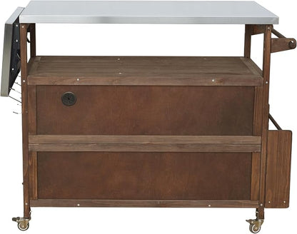 Christopher Knight Home Edsel Outdoor Bar Cart with Stainless Steel Top and Lockable Wheels, Solid Wood Outdoor Storage Cabinet, Kitchen Island Serving Cart for Poolside, Garden, Brown+Silver