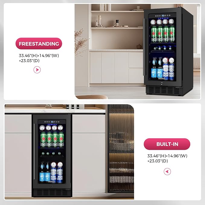 15 Inch Beverage Cooler Refrigerator, 15" Beverage Cooler Under Counter 130 Cans Beverage Fridge with Glass Door, Freestanding or Built-In Mini Drinks Fridge with Lock for Soda, Beer, Black