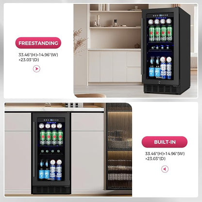 15 Inch Beverage Cooler Refrigerator, 15" Beverage Cooler Under Counter 130 Cans Beverage Fridge with Glass Door, Freestanding or Built-In Mini Drinks Fridge with Lock for Soda, Beer, Black