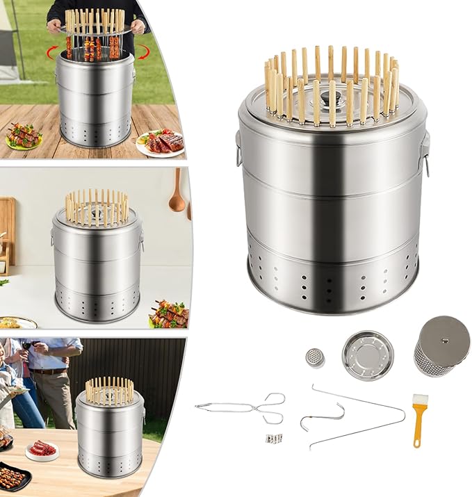 Smokeless Barbecue Hanging Grill, 15.4''x16.9'' Stainless Steel Surround Charcoal Grill with 28 Skewers for Outdoor BBQ Camping Picnic Beach Backyard Party
