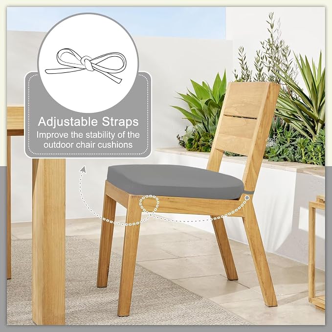 Cozyide Outdoor Chair Cushions, Waterproof Patio Seat Cushions with Adjustable Straps, Round Corner Patio Chair Cushions for Garden, Light Grey, 17x16x2 Inch (Pack of 4)