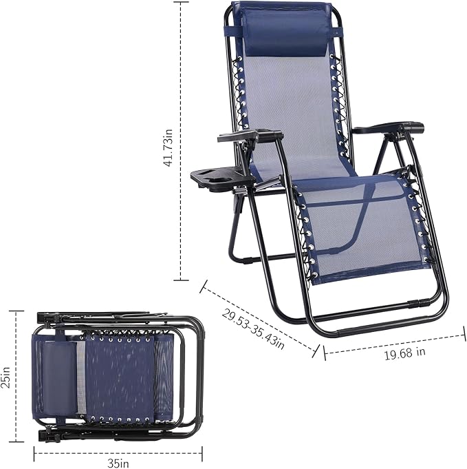 Sweetcrispy Zero Gravity Chairs, Set of 4 Portable Recliner Beach Camping Patio Outdoor Folding Lounge Chair with Cup Holder Trays and Adjustable Pillow for Poolside, Garden, Backyard, Lawn, Blue