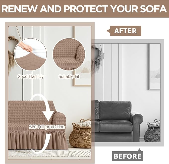 Fanfanwin 3 Pcs Sofa Slipcover Set for Couch Cushion Durable Washable High Elastic Stretchable Furniture Couch Covers with Skirt for Sofa Loveseat Arm Chair(Khaki,Seersucker)