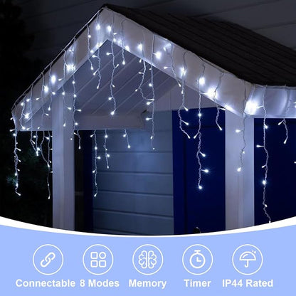 QITONG Icicle Lights for Outside, 66ft 800 LED String Lights Plug in with 8 Modes, Connectable White Icicle Christmas Light Clear Wire Indoor