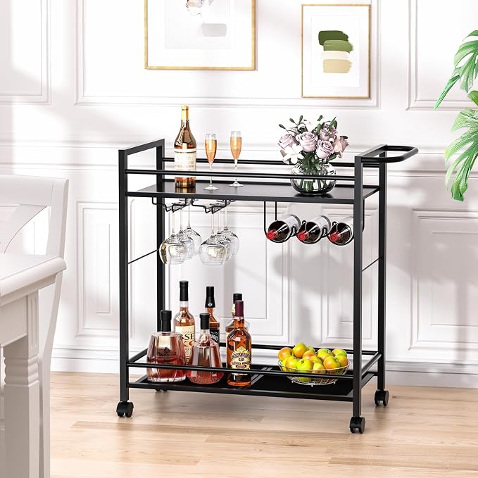 Joaxswe Bar Cart w/Wheels,2 Tier Home Bar Serving Cart,Vintage Black | Rolling Beverage Cart w/ Wine Rack and Glass Holder,Modern Wine Cart w/ Storage Shelves for Kitchen, Living Room,Dinning Room