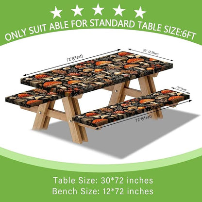 Picnic Table Cover with Bench Covers Elastic Edges, Black Mushroom Vintage Fitted Table Cover, Outdoor Patio Camping Essentials 3PCS, Waterproof Camping Tablecloth with Drawstring Bag 72in