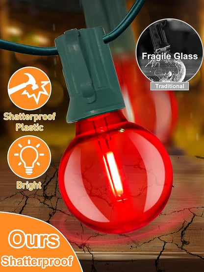 SUNSGNE 50FT Vintage Christmas Lights Outdoor, G40 LED Globe Outdoor Christmas Lights with 27 LED Clear Red Green Bulbs(2 Spare) for Patio Balcony Roofline Decor, Green Wire