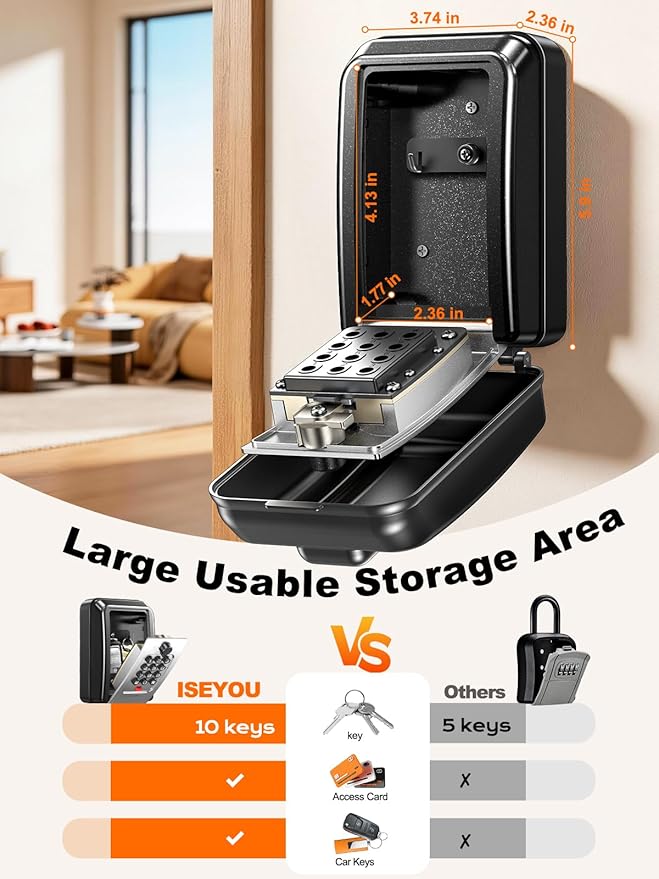 ISEYOU Lock Box for Keys with Code, Wall-Mounted Key Lock Box with Resettable Code, 12-Digit Combination Outdoor Lockbox, Large Capacity & Weatherproof Key Safe Storage for Home, Office, Apartment