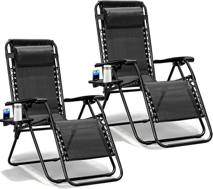 Zero Gravity Chairs Set of 2, Adjustable Lounge Chair Outdoor Recliner, Folding Reclining Lawn Chair, Anti Gravity Chair with Pillow & Cup Holder for Pool Camping Sunbathing Beach Patio