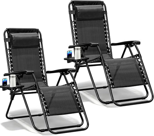 Zero Gravity Chairs Set of 2, Adjustable Lounge Chair Outdoor Recliner, Folding Reclining Lawn Chair, Anti Gravity Chair with Pillow & Cup Holder for Pool Camping Sunbathing Beach Patio