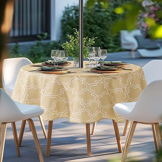 Lamberia 60" Round Patio Tablecloth with Umbrella Hole and Zipper, Waterproof Outdoor Table Cover for Patio, Backyard, BBQ, Picnic & Indoor Dining, Washable Polyester Circular Tablecloth