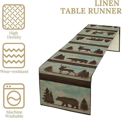 Vintage Bear Deer Table Runner Retro Forest Animal Western Wildlife Fall Winter Wild Elk Moose Tree Dresser for Home Kitchen Dining Patio Holiday Party Table Decorations, 13"x70" Inch