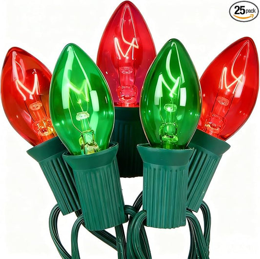 C7 Red Green Christmas Lights Outdoor, 25Ft Vintage Christmas String Lights with 27 Clear Red Green Ceramic Bulbs, Waterproof Connectable Christmas Decorations for House, Xmas Tree, Garden, Yard