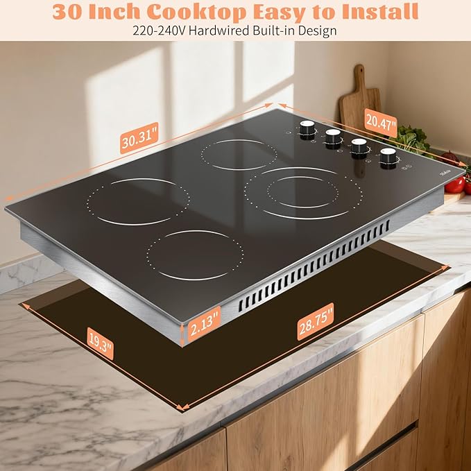 Electric Cooktop 30 Inch Hobsir, 4 Burner Electric Stove Top 6700W, Knob Control Built in Cook top, 30" Electric Stove Top Burner with Glass Protection Metal Frame, Double-ring burner, 220-240v