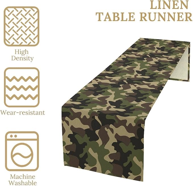 Camouflage Table Runner Classic Masking Camo Green Brown Black Olive Colors Retro Inspired for Indoor Outdoor PartyHolidayWeddingGathering 13x90in