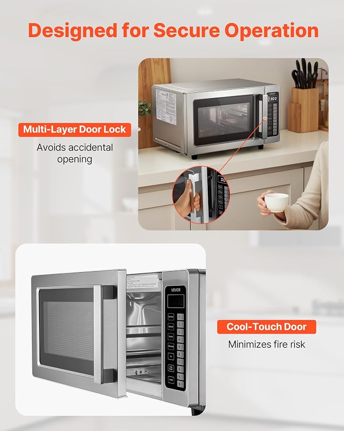 VEVOR Commercial Microwave Oven, 0.9 Cu Ft, 1000W Digital Stainless Steel Countertop Microwave Oven with Touchscreen, 10 Cooking Presets, 5 Power Levels, Multi-Lock Door & Easy Clean for Restaurants | Digital Microwave with Touchscreen,0.9 Cu Ft,10 Coo...