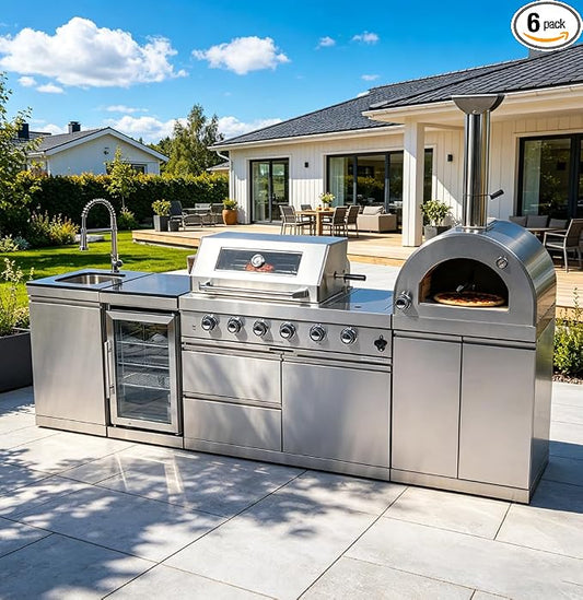 112-Inch Stainless Steel Outdoor Kitchen Island, Propane BBQ Grill with Standalone Side Burner Pizza Oven, Rotisserie, Refrigerator, Granite Countertop, Storage Cabinets & Drawers 108000 BTU