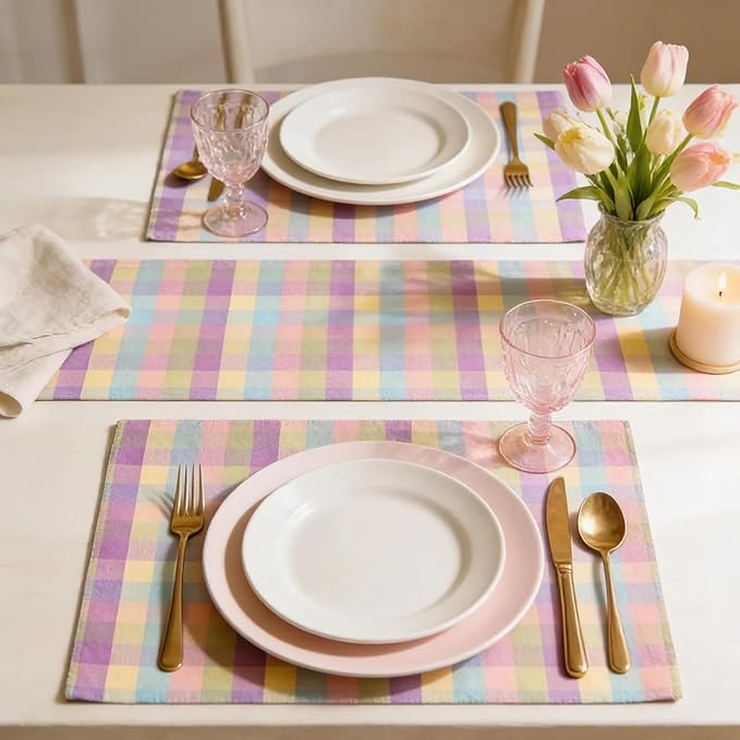 Urban Villa Easter Placemats100% Cotton Fused Table Placemats 14''x 20'' Over Sized Set of 6 Easter Colors Buffalo Check Plaid for Every Day Use Parties Celebrations Heavier Quality
