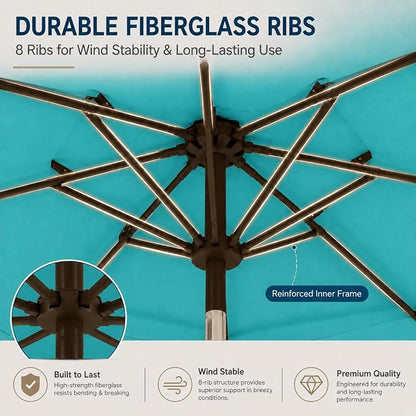 10ft Patio Umbrella, 3-Tier Vented Outdoor Table Umbrella with 8 Sturdy Fiberglass Ribs, Windproof Market Umbrella with Push Button Tilt and Crank, UV Protection for Deck, Pool, Turquoise Blue