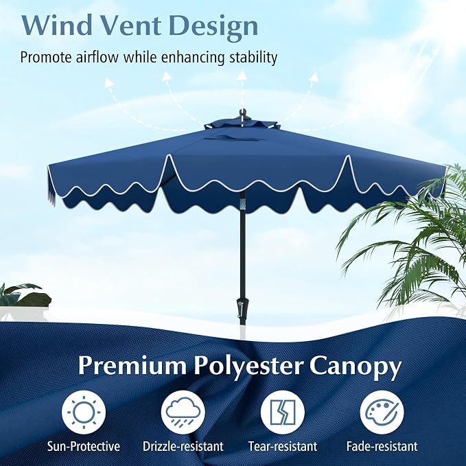 Tangkula 9Ft Patio Umbrella with Crank, 2-Tier Outdoor Umbrella with Push Button Tilt, Sun-Protective Canopy, 8 Ribs, Scalloped Patio Umbrella for Outdoor Beach Deck Pool Table (Blue)
