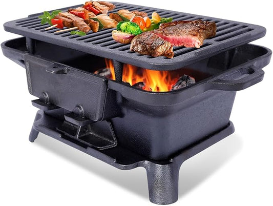 Portable Cast Iron Hibachi Grill - Pre-Seasoned Charcoal Grills, Double-Sided Grate & Adjustable Air Vents, BBQ for Camping, Backyard, Tailgating (Rectangle)