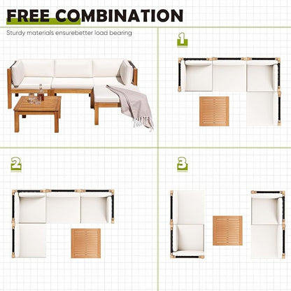 Greesum 5 Pieces Small Patio Sofa, Acacia Wood Outdoor Conversation Sets with Tea Table for Garden Porch and Backyard, Beige
