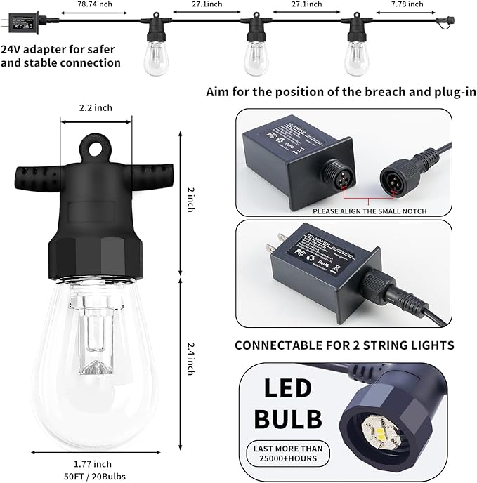 CAWWS Outdoor String Lights 100FT (2×50FT), Patio Lights with 40 Dimmable RGBW LED Bulbs, IP66 Waterproof & Shatterproof, APP & Remote Control, 24V Adapter, Color Changing Lights for Backyard Décor
