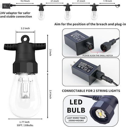 CAWWS Outdoor String Lights 100FT (2×50FT), Patio Lights with 40 Dimmable RGBW LED Bulbs, IP66 Waterproof & Shatterproof, APP & Remote Control, 24V Adapter, Color Changing Lights for Backyard Décor