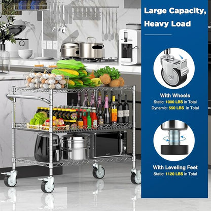 Commercial Rolling Utility Cart,45In Large Kitchen Carts with Wheels | 3 Tier Heavy Duty Serving Cart with Handle & Shelf Liners, NSF Storage Cart for Restaurant,45"D x 25"W x 39"H-Chrome