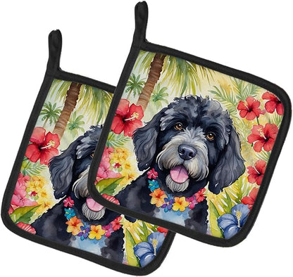 Caroline's Treasures Portuguese Water Dog Luau Pair of Pot Holders Kitchen Heat Resistant Pot Holders Sets Oven Hot Pads for Cooking Baking BBQ, 7 1/2 x 7 1/2