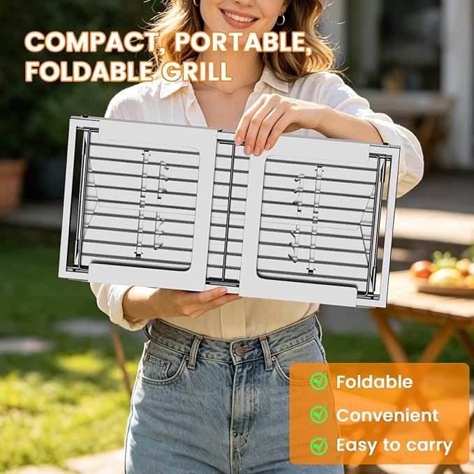 Foldable Stainless Steel Charcoal Grill, Ultra-Portable Mini BBQ Grill with Adjustable Heat, Tabletop Barbecue Grill for Camping, Picnic, Backyard, Terrace & Travel