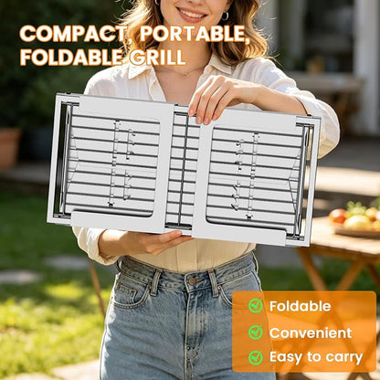 Foldable Stainless Steel Charcoal Grill, Ultra-Portable Mini BBQ Grill with Adjustable Heat, Tabletop Barbecue Grill for Camping, Picnic, Backyard, Terrace & Travel