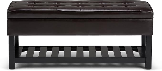 SIMPLIHOME Cosmopolitan Storage Ottoman Bench - 44 inch Wide Upholstered Vegan Leather Rectangle Storage Ottoman in Tanners Brown, Transitional Bench for Bedroom with Tufted Lift-Top and Open Shelf