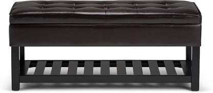 SIMPLIHOME Cosmopolitan Storage Ottoman Bench - 44 inch Wide Upholstered Vegan Leather Rectangle Storage Ottoman in Tanners Brown, Transitional Bench for Bedroom with Tufted Lift-Top and Open Shelf
