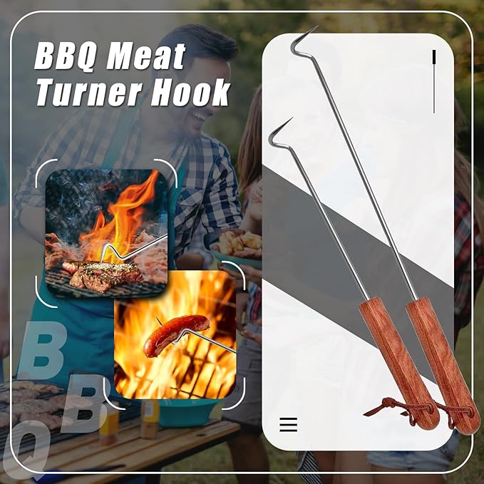 2Pcs Food Flipper Turner Hooks Stainless Steel BBQ Meat Turners Cooking Barbecue Hooks Grill Accessories with Wooden Handle for Grilling & Smoking (17.5 in+12.5 in)