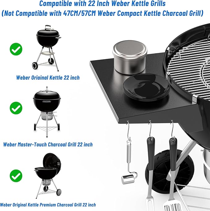 Charkettle Grill Table Shelf Compatible with Weber 22 Inches Kettle Grills, Outdoor Charcoal Grill Side Table BBQ Accessories with Hooks