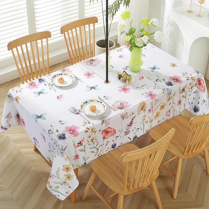 Spring Summer Tablecloth with Umbrella Hole Rectangle 52x70 Inch Spill Proof Wrinkle Free Floral Watercolor Zippered Table Cloth, Soft Fabric Table Cover for Dining, Party, Picnic, Indoor, Outdoor