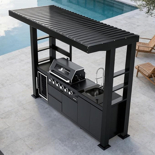 110" Outdoor Kitchen Island Grill with Gazebo, 4-Burner 72000 BTU Stainless Steel Propane BBQ, Rotisserie, Refrigerator, Sink, Granite Countertops, Storage Cabinets for Backyard Patio, Black