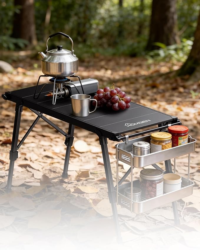 eSynic Portable IGT Camping Table-Adjustable Height 15-21.6 inch-Aluminum Stable Outdoor Table with Side Hanging Bars- 7* IGT Compatible (0.5 Unit)-Foldable Compact for Car Camping BBQ Picnic Family