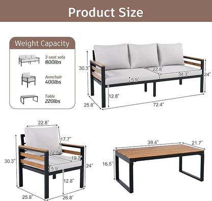 VilroCaz 4-Piece Outdoor Patio Furniture Sectional Sofa Set with Acacia Wood Armrests, All-Weather Conversation Set with Removable Cushion and Solid Wood Coffee Table for Garden Backyard (Beige-TH)