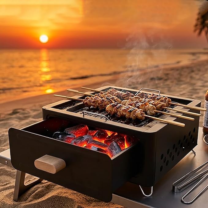 LOGOFUN Portable Charcoal Grill with Enamel Griddle Pan Japanese Style Tabletop BBQ for Outdoor Camping Folding Barbecue Hibachi Backyard Patio Balcony
