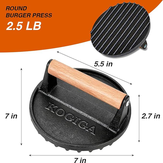 Cast Iron Smash Burger Press 2.5lb - 7 Inch Round Heavy Duty Bacon Press & Grill Weight for Smashburger, Flat Iron Steak, Patties with Beechwood Handle