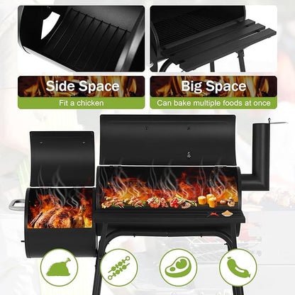 BLKMTY 43" Charcoal Grills Outdoor BBQ Grill with Offset Smoker Camping Portable Grill Camping Barbecue Grills with Side Fire Box for 6-10 People Patio Backyard Picnic BBQ, Black