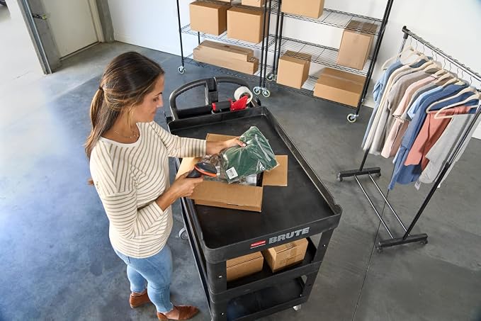 Rubbermaid Commercial Brute 3-Shelf Heavy-Duty Utility/Service Cart, Medium, High Storage, Lipped Shelves, Ergonomic Handle, 600 lb. Capacity, Ideal for Warehouse/Garage/Cleaning/Maintenance/Office