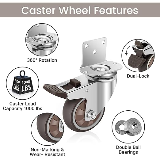 Nefish 3 Inch Side Mount Casters Wheels, L-Shaped Rubber Caster Set of 4, Ball Bearing 360 Degree Plate Swivel Castors Wheel 1000 LBS, Casters Wheels for Furniture, Baby Bed, Kitchen, Cabinet, Table