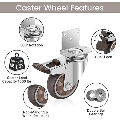 Nefish 3 Inch Side Mount Casters Wheels, L-Shaped Rubber Caster Set of 4, Ball Bearing 360 Degree Plate Swivel Castors Wheel 1000 LBS, Casters Wheels for Furniture, Baby Bed, Kitchen, Cabinet, Table